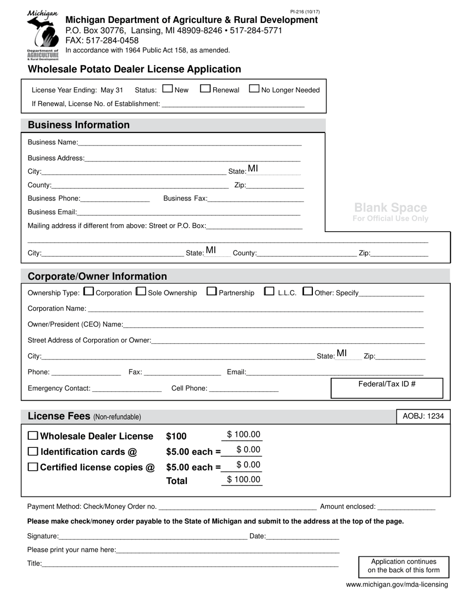 Form PI216 Fill Out, Sign Online and Download Fillable PDF, Michigan