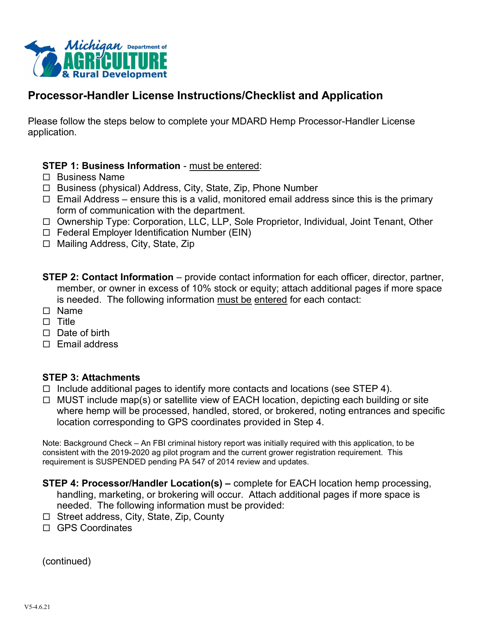 Hemp Processor-Handler License Application - Michigan Download Pdf