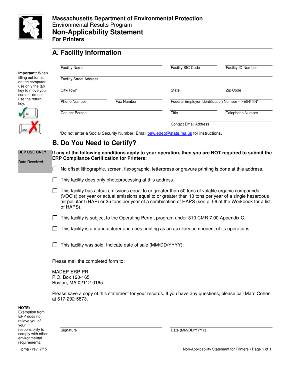 Non-applicability Statement for Printers - Massachusetts, Page 1