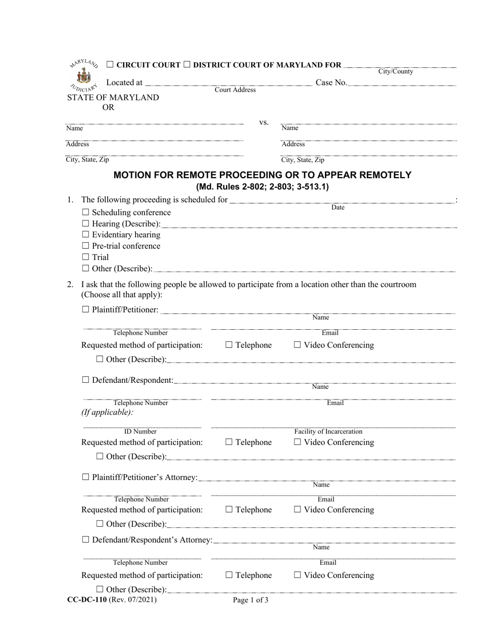 Form CC-DC-110 Motion for Remote Proceeding or to Appear Remotely - Maryland, Page 1