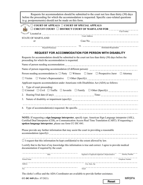 Form CC-DC-049  Printable Pdf