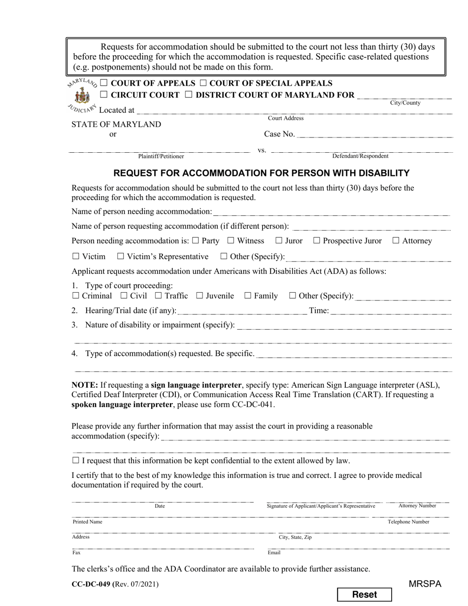 Form CC-DC-049 Request for Accommodation for Person With Disability - Maryland, Page 1