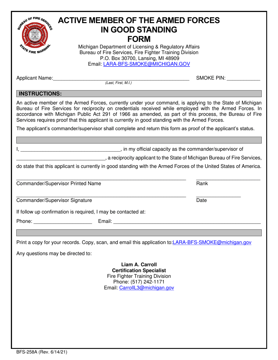 Form BFS-258A Active Member of the Armed Forces in Good Standing Form - Michigan, Page 1