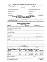 Document preview: Form CC-DC-DV-001A Addendum to Petition for Protective Order (Description of Respondent) - Maryland