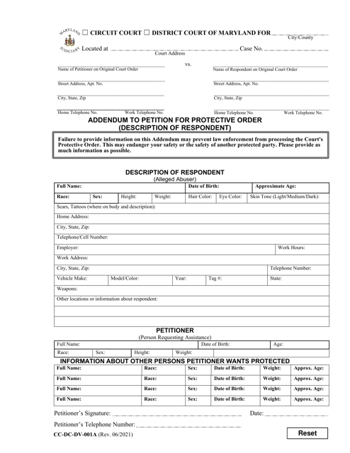 Form CC-DC-DV-001A Addendum to Petition for Protective Order (Description of Respondent) - Maryland