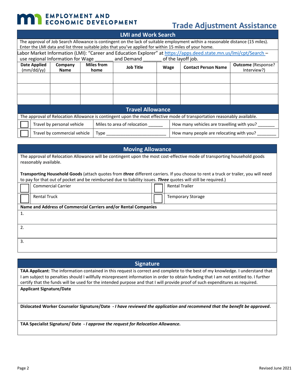 Relocation Allowance Application - Trade Adjustment Assistance - Minnesota, Page 2