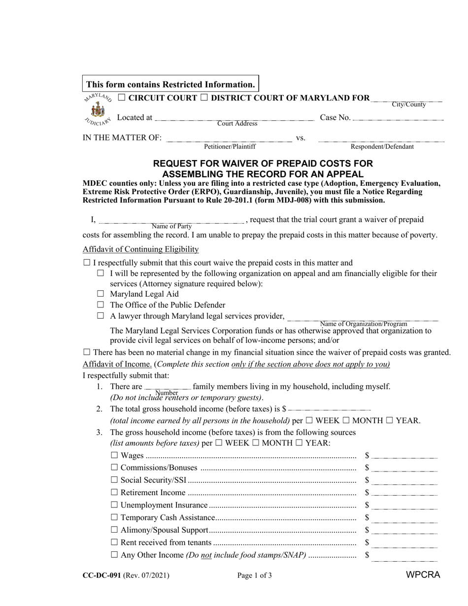 Form CCDC091 Download Fillable PDF or Fill Online Request for Waiver