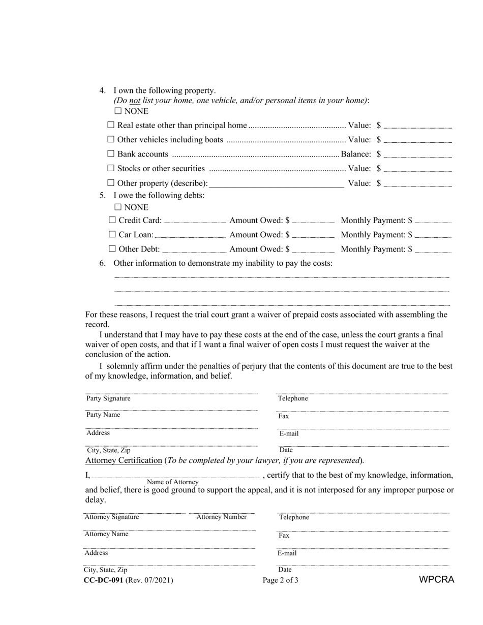 Form CC-DC-091 Request for Waiver of Prepaid Costs for Assembling the Record for an Appeal - Maryland, Page 2