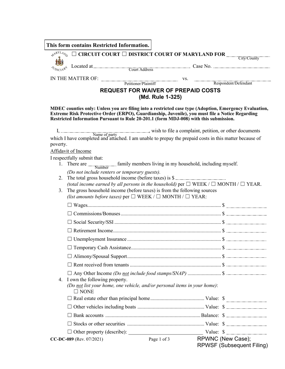 Form CC-DC-089 Request for Waiver of Prepaid Costs - Maryland, Page 1