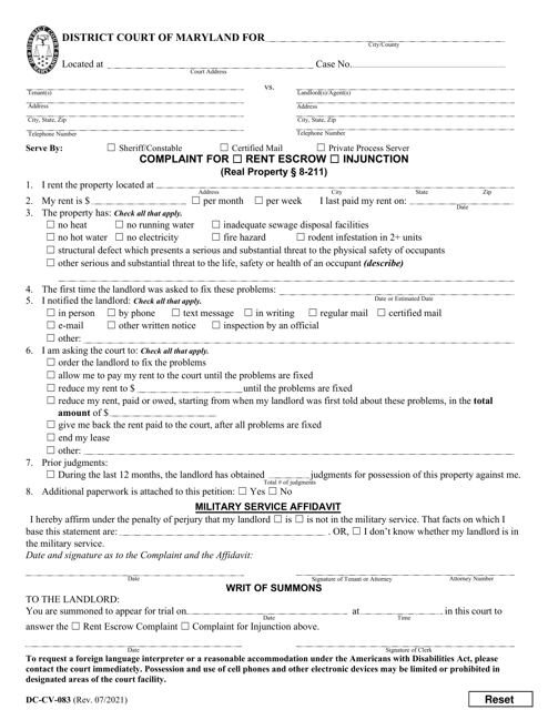 Form DC-CV-083 Complaint for Rent Escrow/Injunction - Maryland