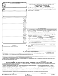 Form DC-CV-001 &quot;Complaint/Application and Affidavit in Support of Judgment&quot; - Maryland