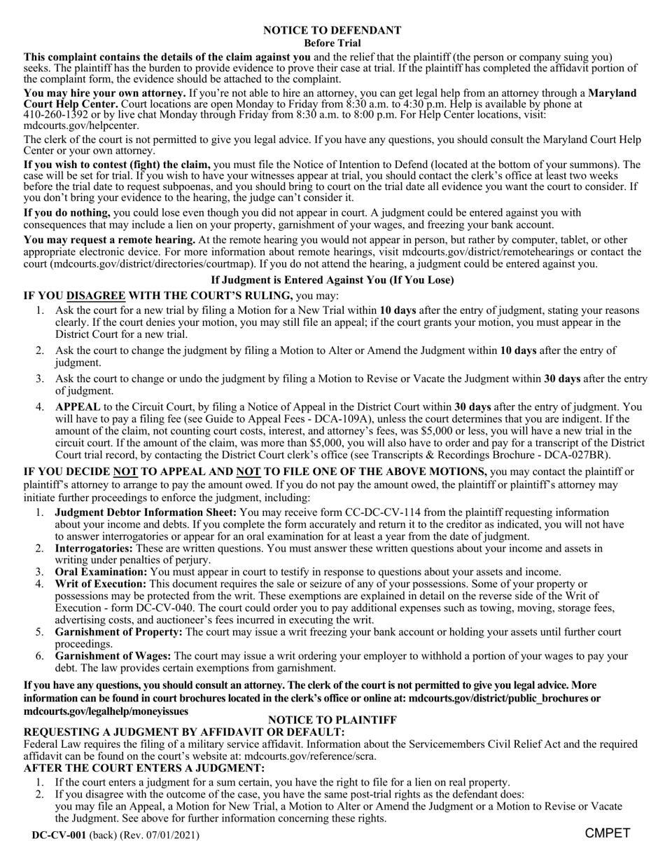 Form DC-CV-001 Complaint / Application and Affidavit in Support of Judgment - Maryland, Page 2