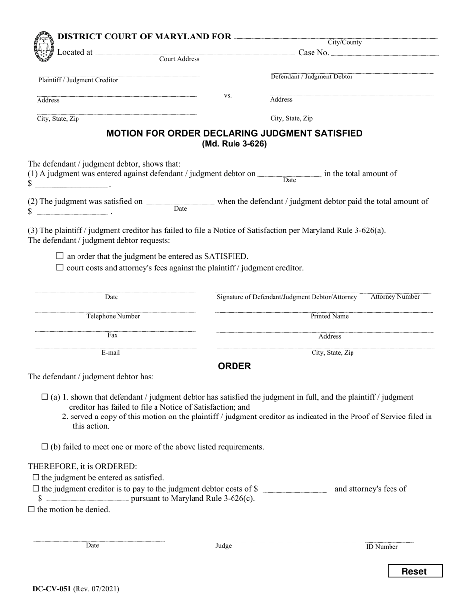 Form DC-CV-051 Motion for Order Declaring Judgment Satisfied - Maryland, Page 1