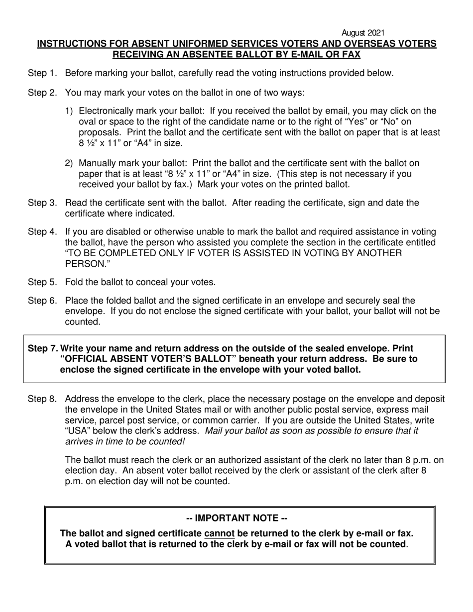 Instructions for Absent Uniformed Services Voters and Overseas Voters Receiving an Absentee Ballot by E-Mail or Fax - Michigan, Page 1