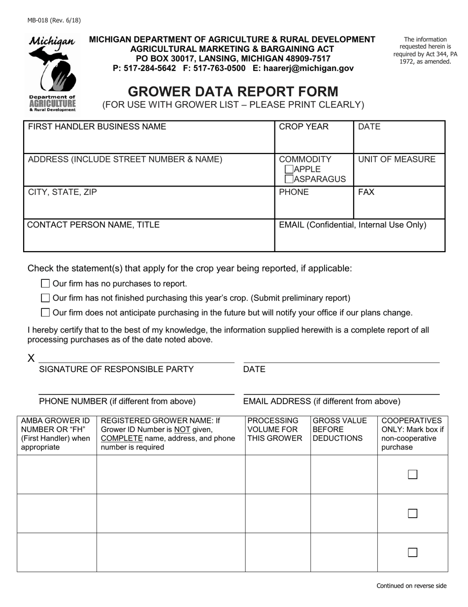Form MB-018 Grower Data Report Form - Michigan, Page 1