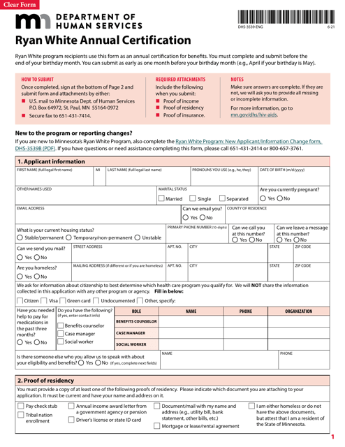 Form DHS-3539-ENG Ryan White Annual Certification - Minnesota