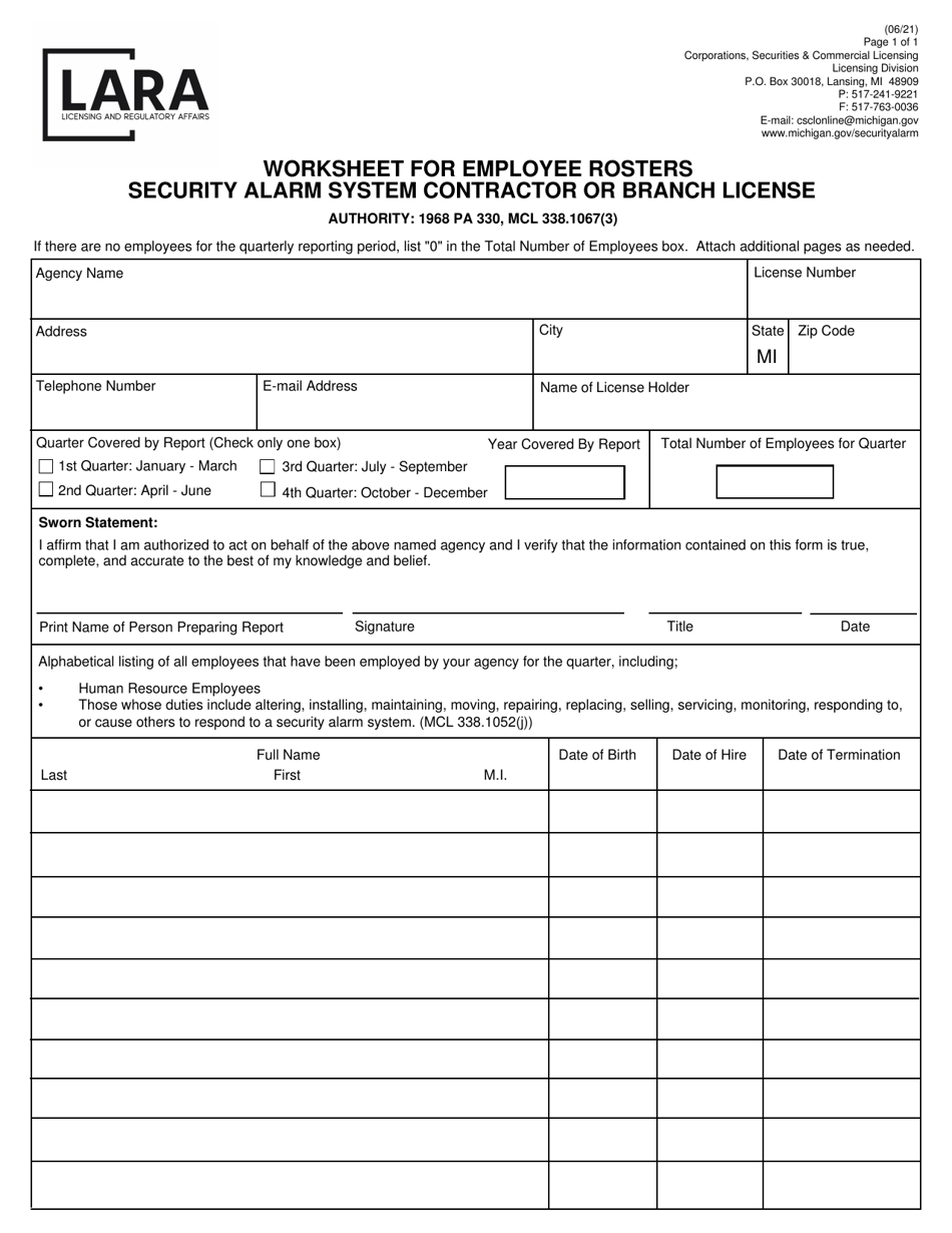 Worksheet for Employee Rosters Security Alarm System Contractor or Branch License - Michigan, Page 1