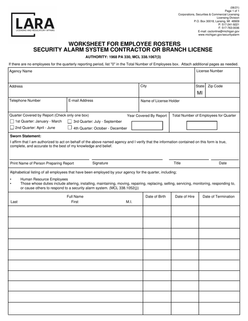 Worksheet for Employee Rosters Security Alarm System Contractor or Branch License - Michigan Download Pdf