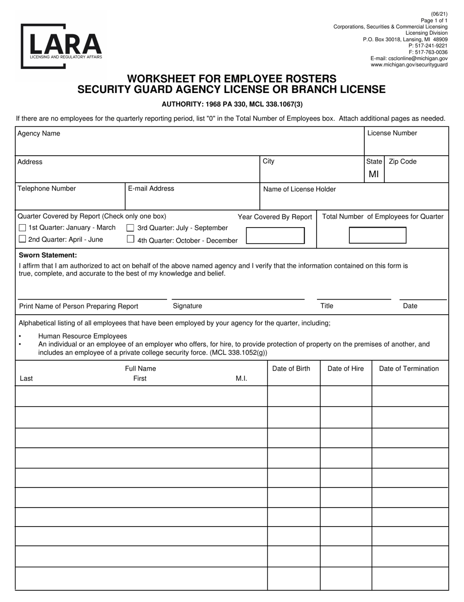 Worksheet for Employee Rosters Security Guard Agency License or Branch License - Michigan, Page 1