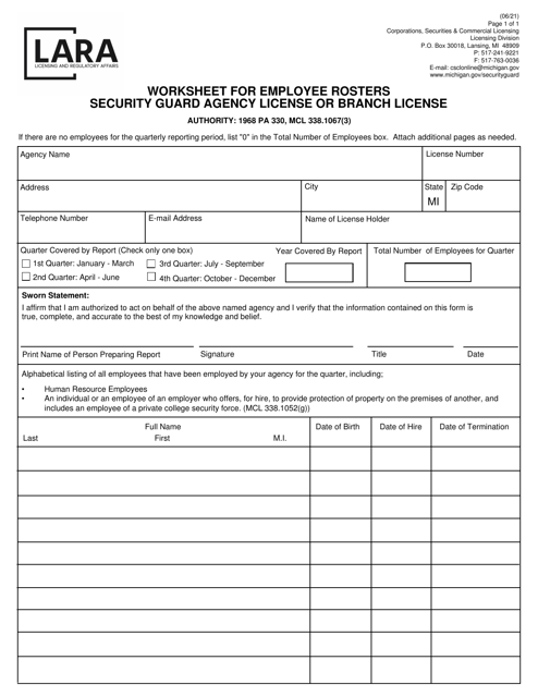 Worksheet for Employee Rosters Security Guard Agency License or Branch License - Michigan Download Pdf