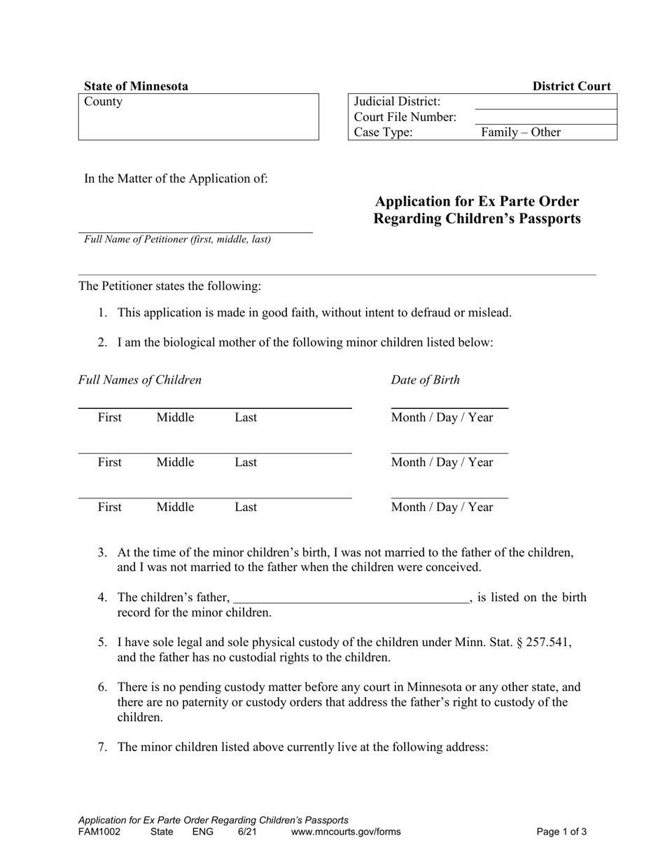 Form FAM1002 Application for Ex Parte Order Regarding Childrens Passports - Minnesota, Page 1