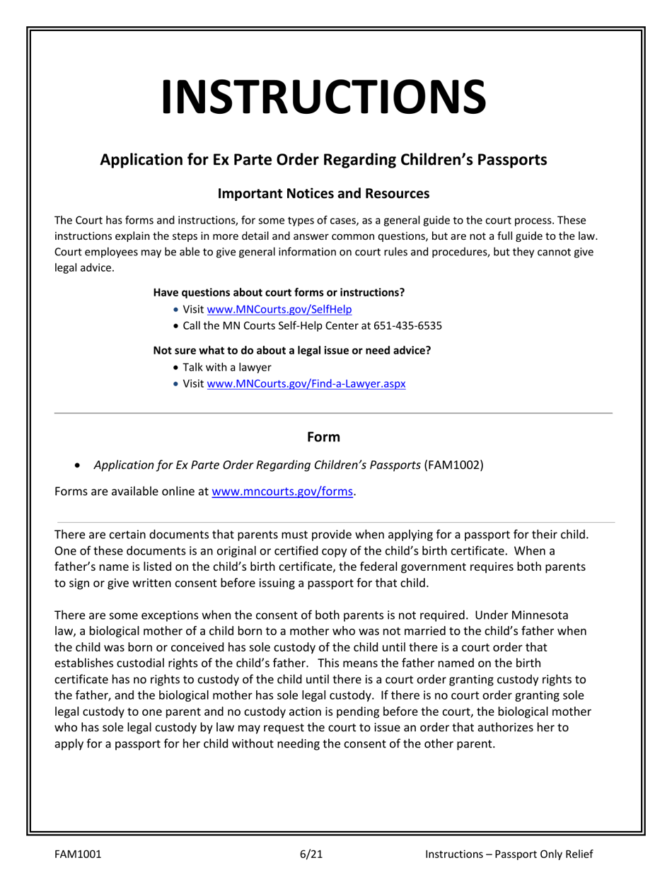 Instructions for Form FAM1002 Application for Ex Parte Order Regarding Childrens Passports - Minnesota, Page 1