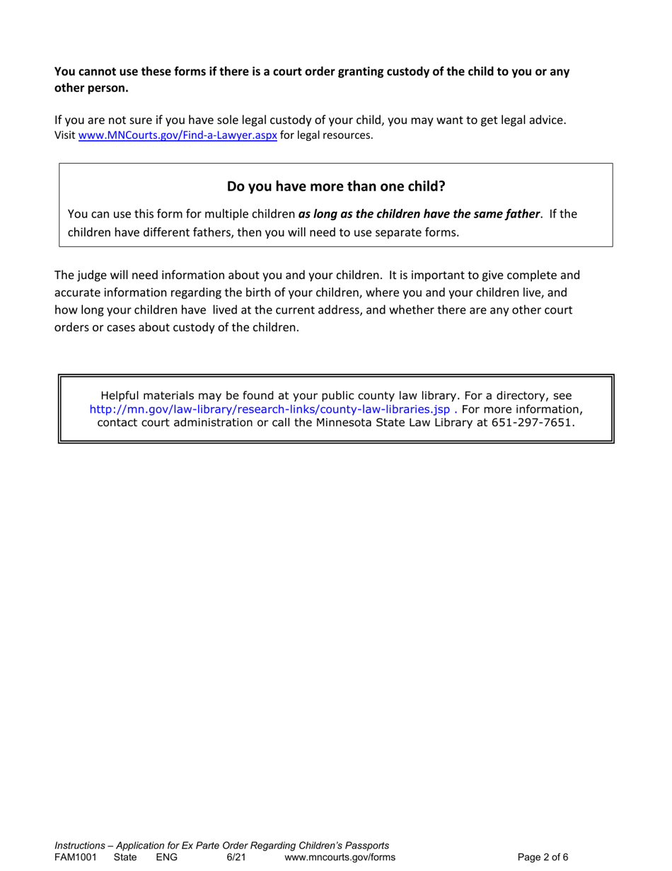 Instructions for Form FAM1002 Application for Ex Parte Order Regarding Childrens Passports - Minnesota, Page 2