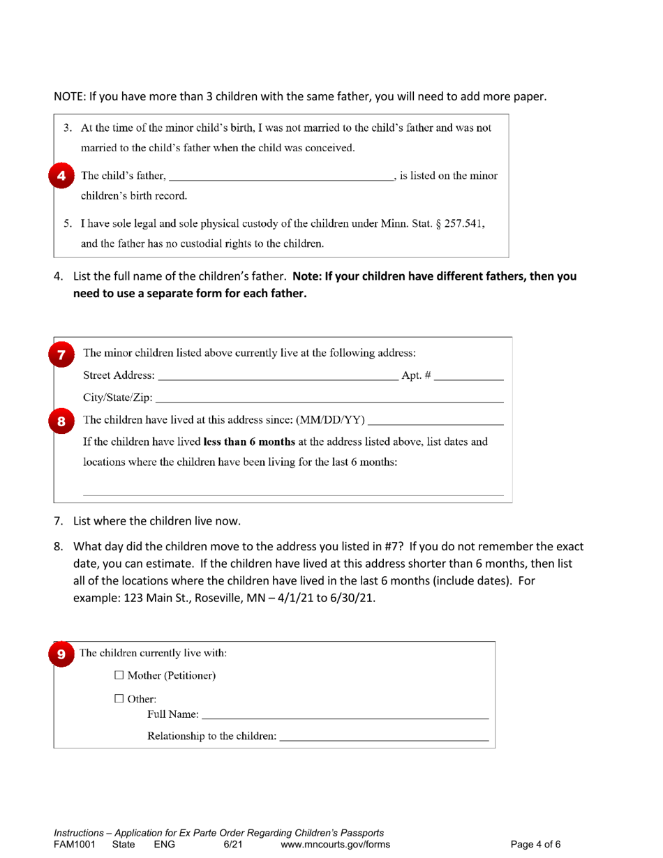 Instructions for Form FAM1002 Application for Ex Parte Order Regarding Childrens Passports - Minnesota, Page 4