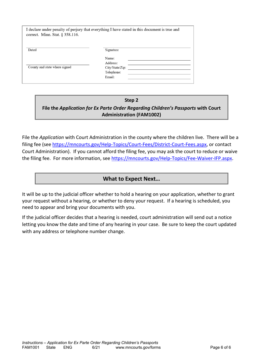 Instructions for Form FAM1002 Application for Ex Parte Order Regarding Childrens Passports - Minnesota, Page 6