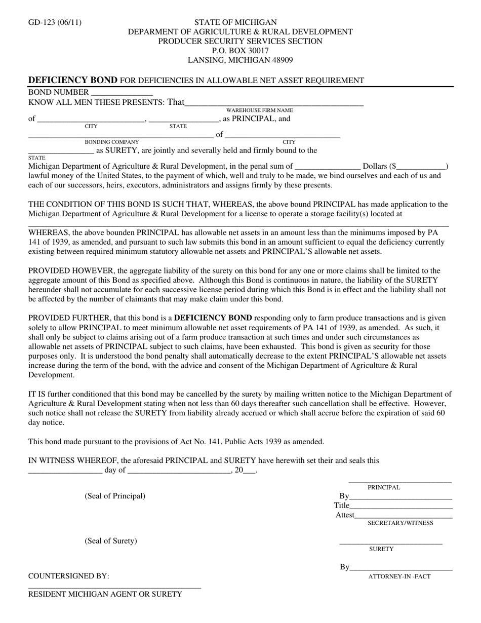 Form GD-123 Deficiency Bond for Deficiencies in Allowable Net Asset Requirement - Michigan, Page 1