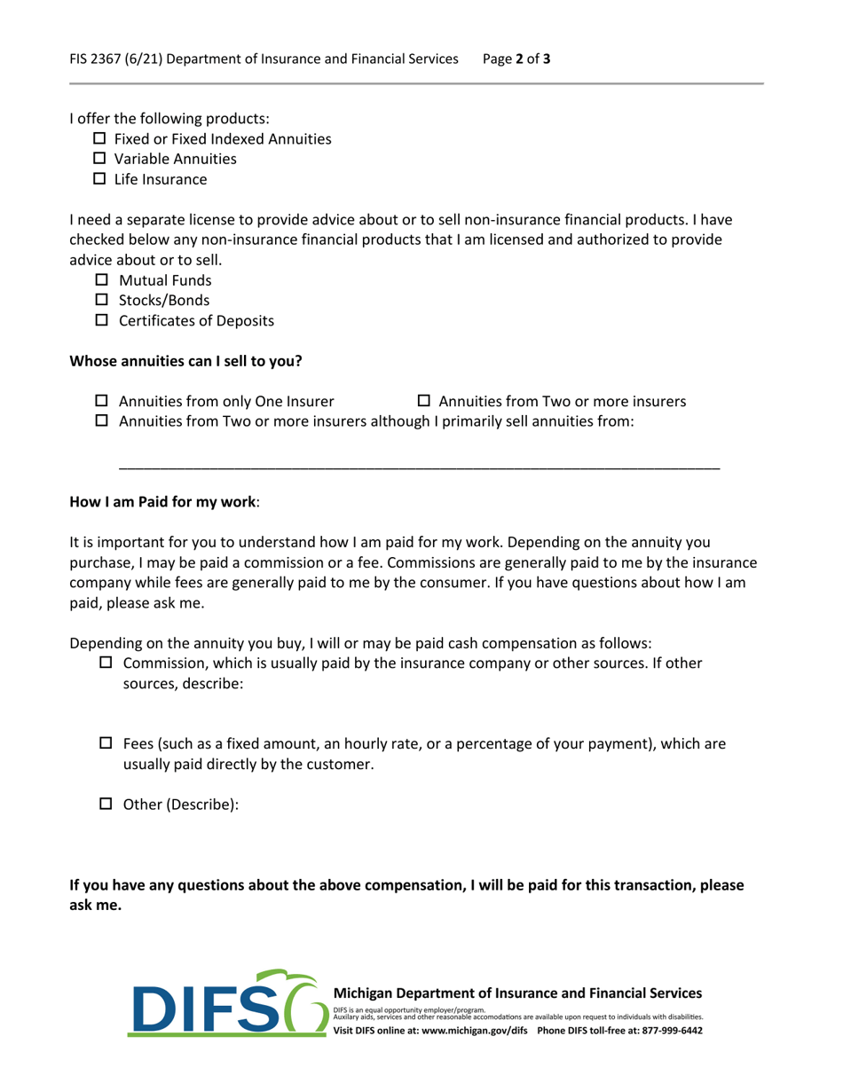 Form FIS2367 Insurance Agent (Producer) Disclosure for Annuities - Michigan, Page 2