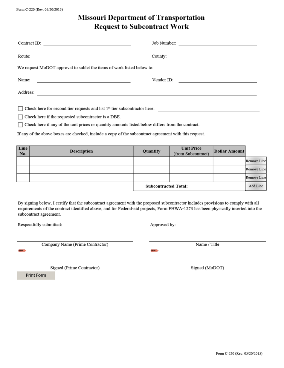 Form C-220 Request to Subcontract Work - Missouri, Page 1