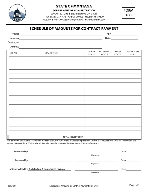 Form 100 Schedule of Amounts for Contract Payment - Montana