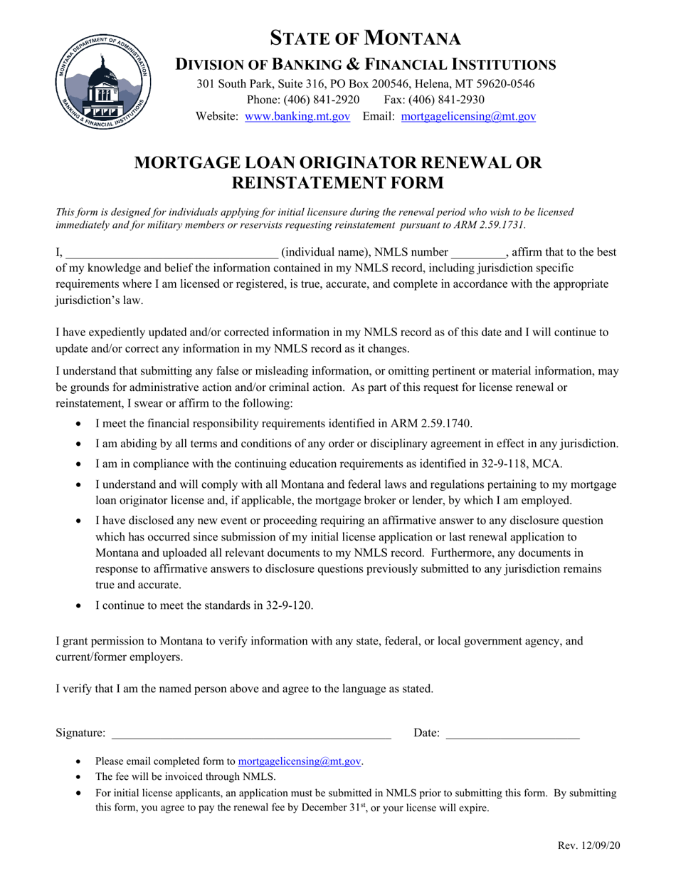 Montana Mortgage Loan Originator Renewal or Reinstatement Form Fill