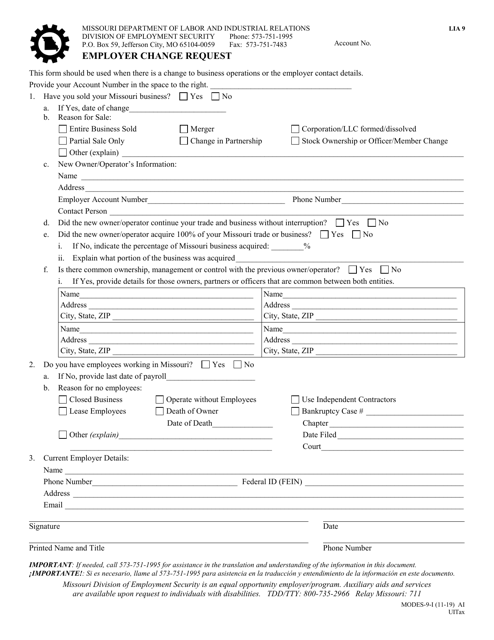 Form MODES-9-I Employer Change Request - Missouri