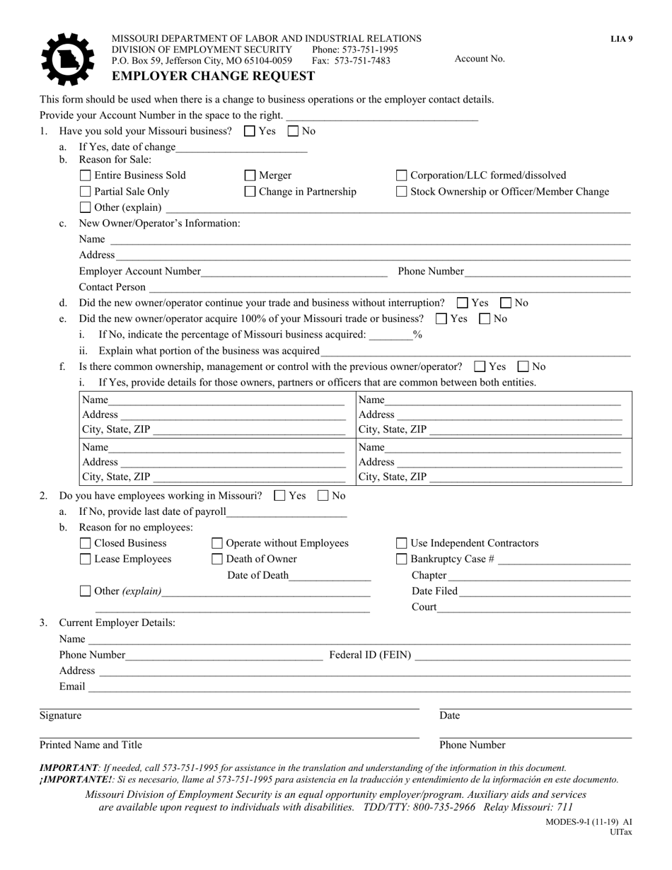 Form MODES-9-I Employer Change Request - Missouri, Page 1