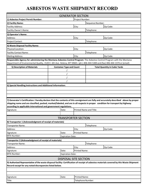 Asbestos Waste Shipment Record - Montana