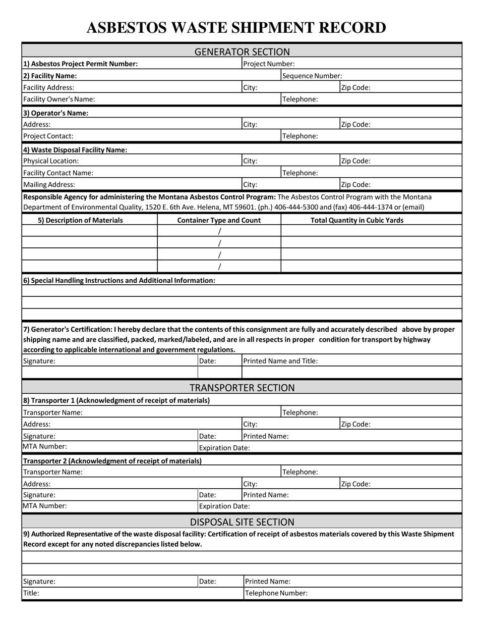 Asbestos Waste Shipment Record - Montana, Page 1