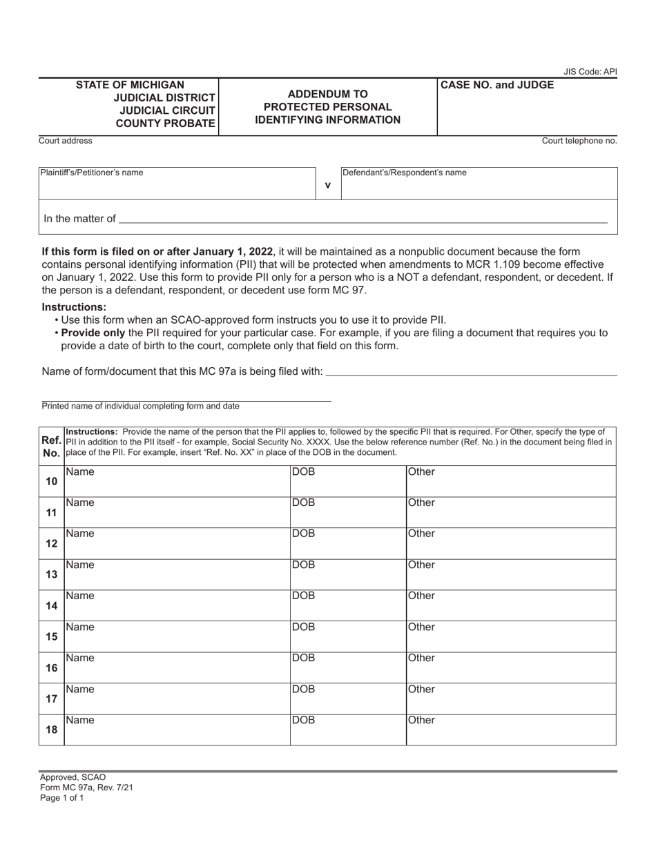 Form MC97A Addendum to Protected Personal Identifying Information - Michigan, Page 1