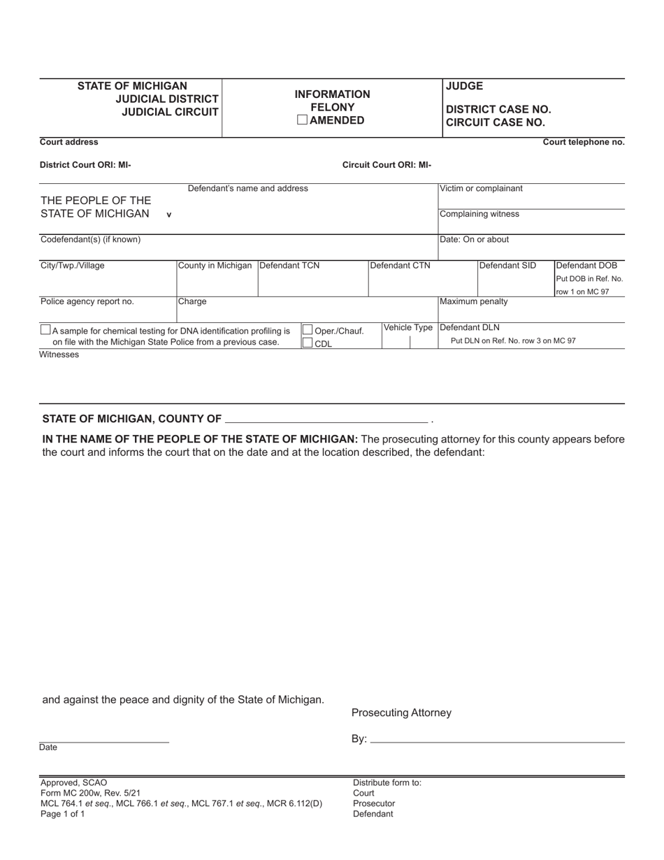Form MC200W Felony Set, Warrant - Michigan, Page 1