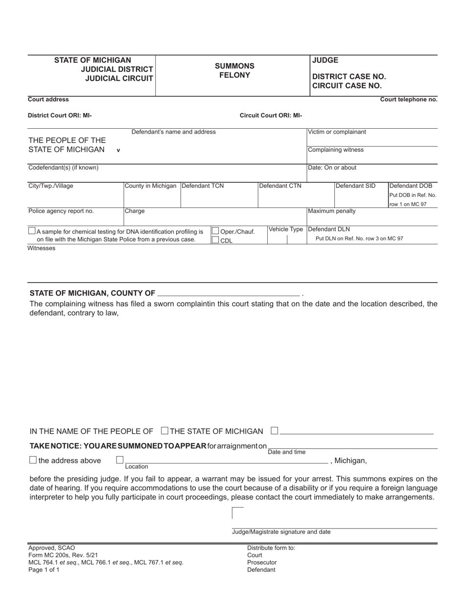 Form MC200S Felony Set, Summons - Michigan, Page 3