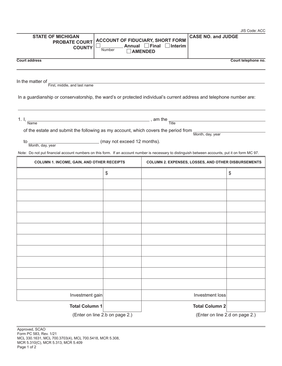Form PC583 Account of Fiduciary, Short Form - Michigan, Page 1