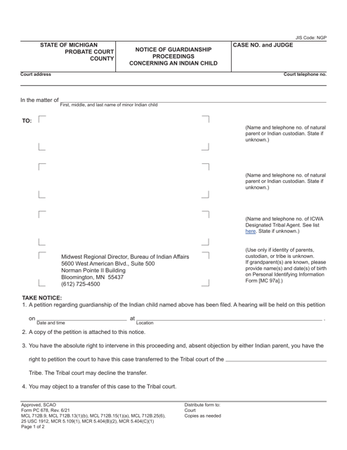 Form PC678 Notice of Guardianship Proceedings Concerning an Indian Child - Michigan