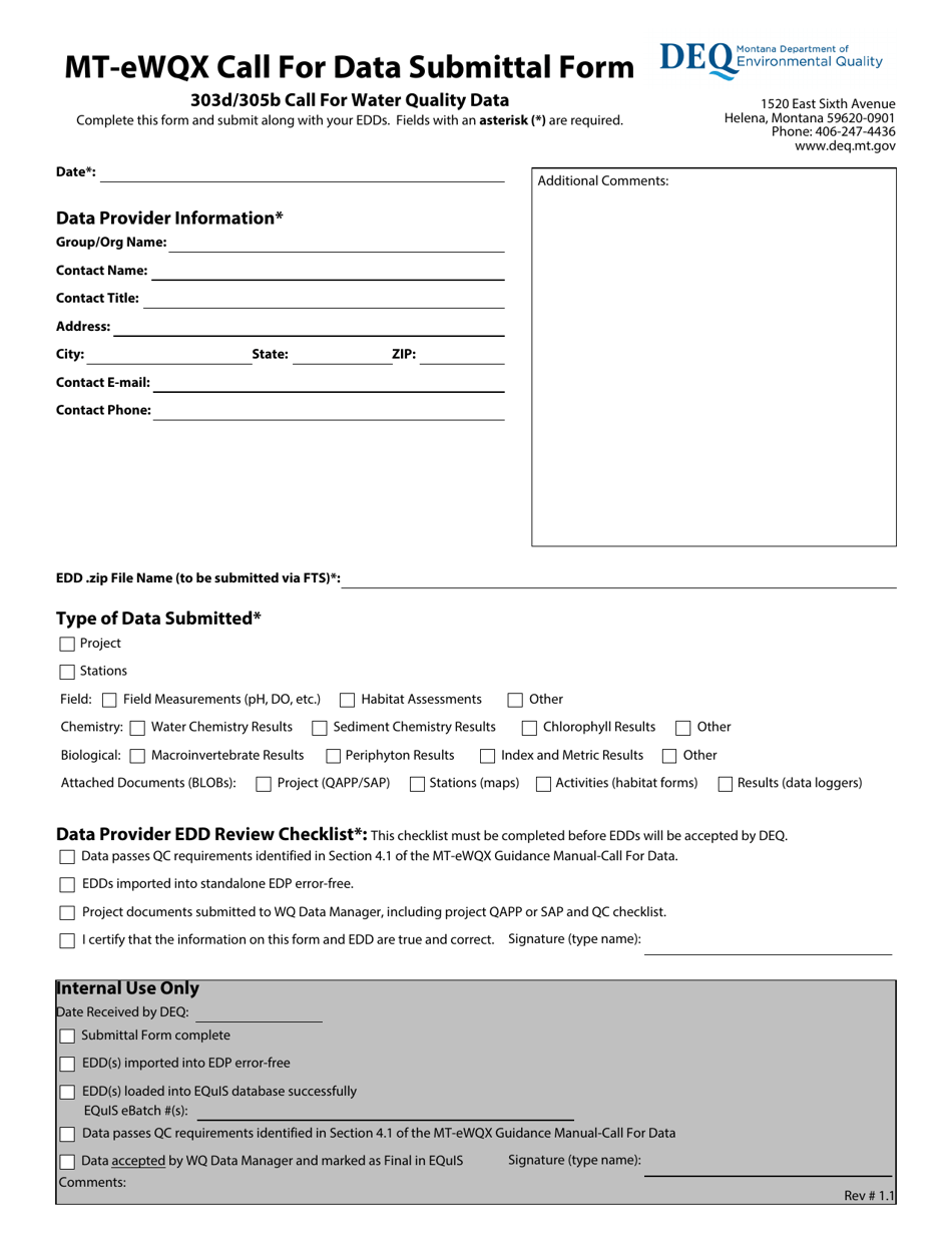 Mt-Ewqx Call for Data Submittal Form - 303d / 305b Call for Water Quality Data - Montana, Page 1