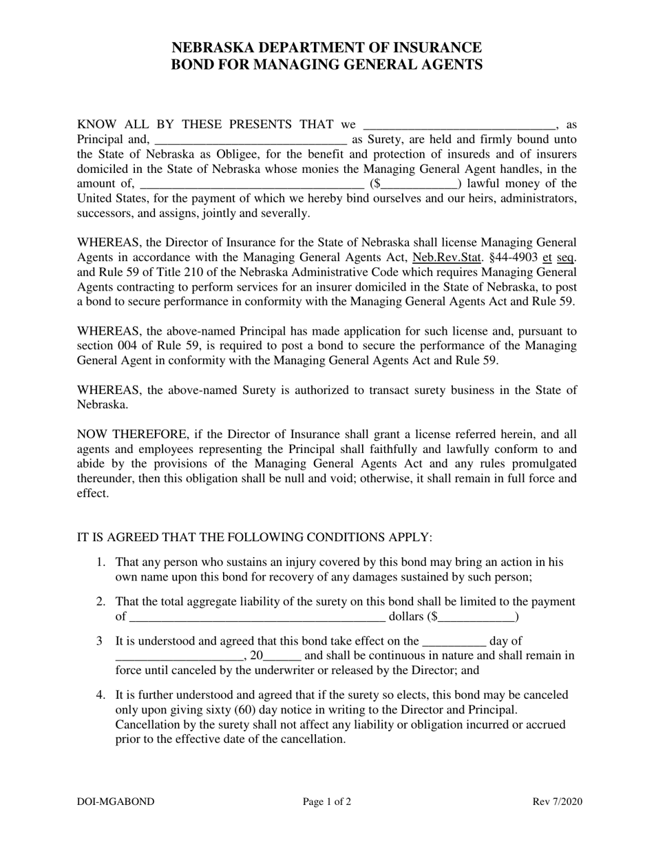 Bond for Managing General Agents - Nebraska, Page 1