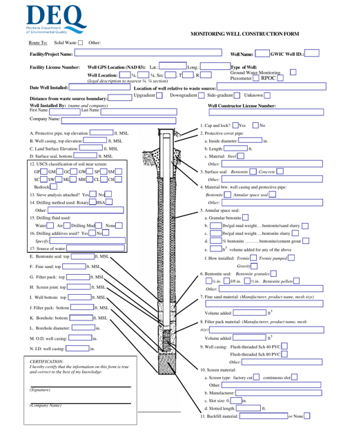 Monitoring Well Construction Form - Montana Download Pdf