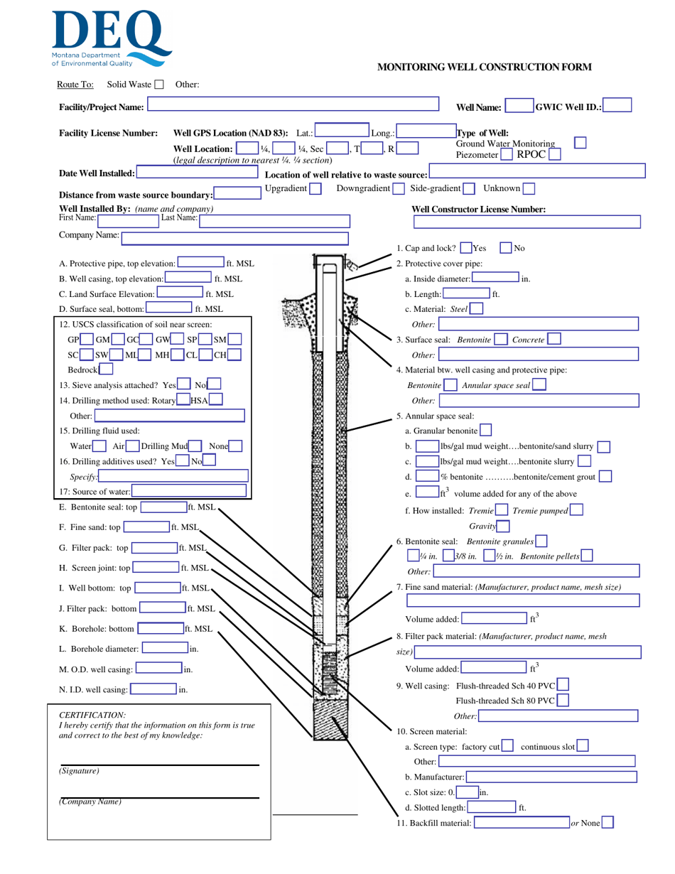 Monitoring Well Construction Form - Montana, Page 1