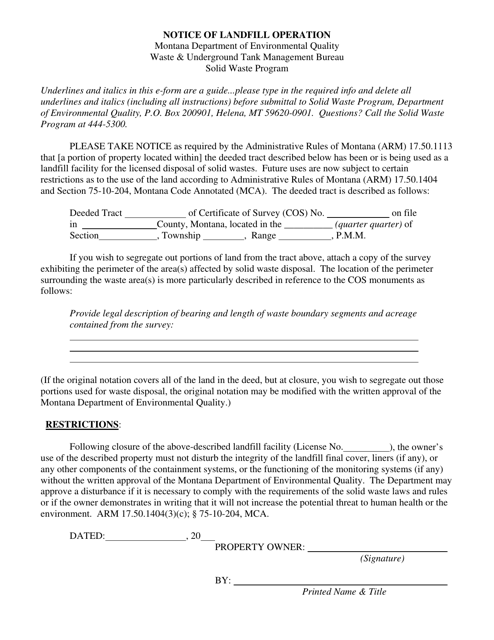 Notice of Landfill Operation Deed Notation - Montana Download Pdf