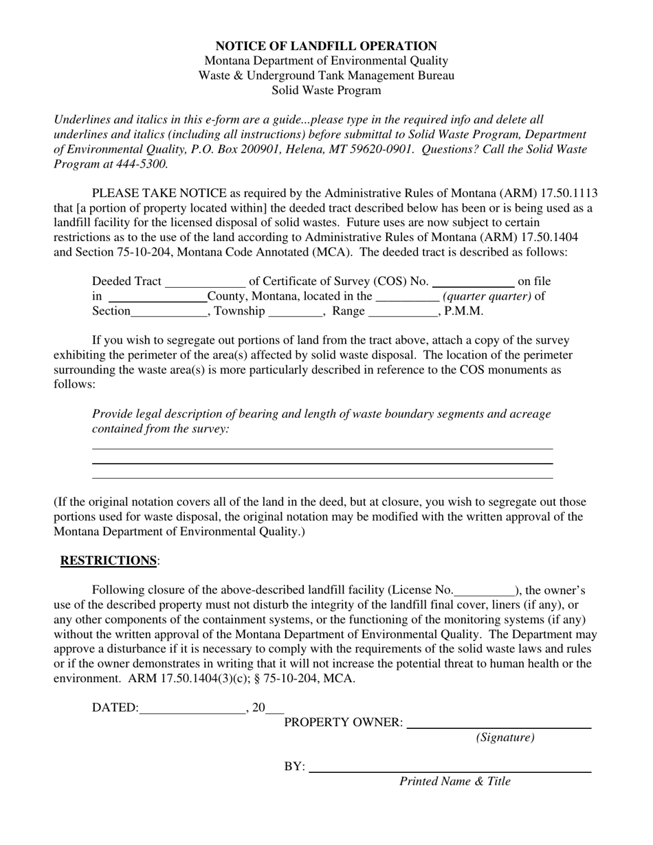 Montana Notice Of Landfill Operation Deed Notation - Fill Out, Sign 