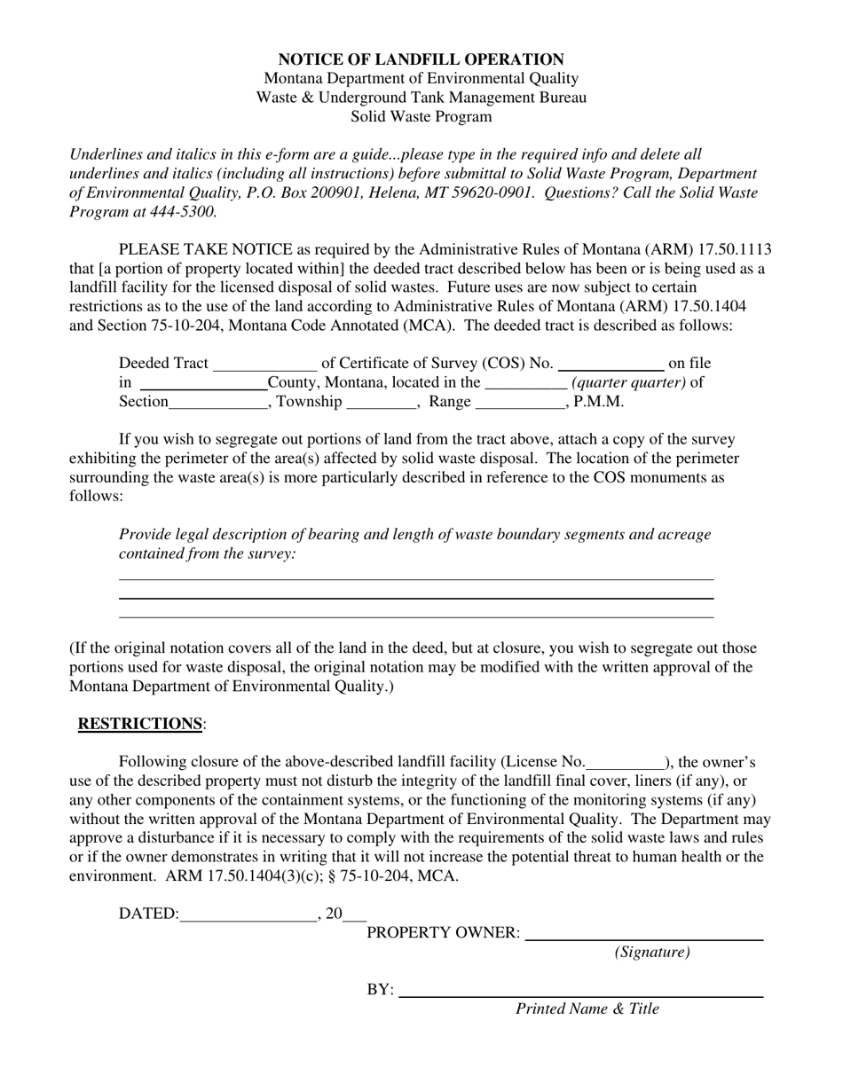 Notice of Landfill Operation Deed Notation - Montana, Page 1